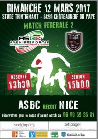 Rugby : ASBC / STADE NIÇOIS RUGBY. Le dimanche 12 mars 2017 à Chateauneuf-du-pape. Vaucluse.  13H30